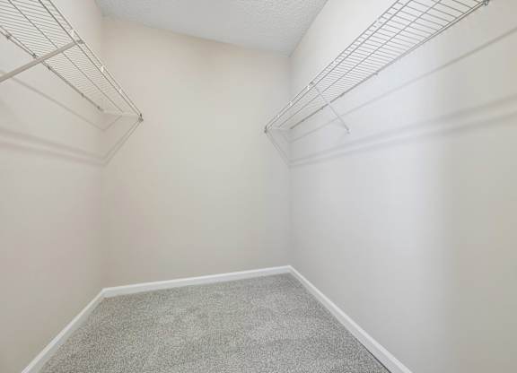 A room with a carpeted floor and two metal shelves.
