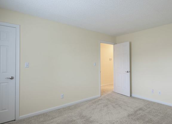 A room with two doors and carpeted floor.