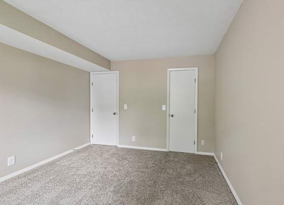 A room with carpeted floor and three white doors.