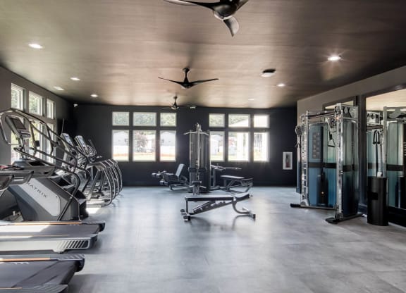 a home gym with plenty of exercise equipment and windows