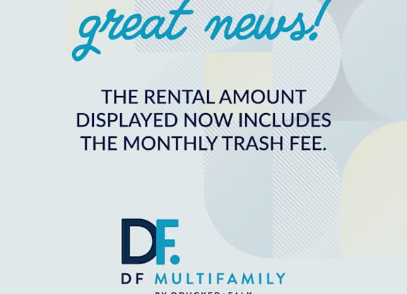 A poster announces that the rental amount now includes the monthly trash fee.