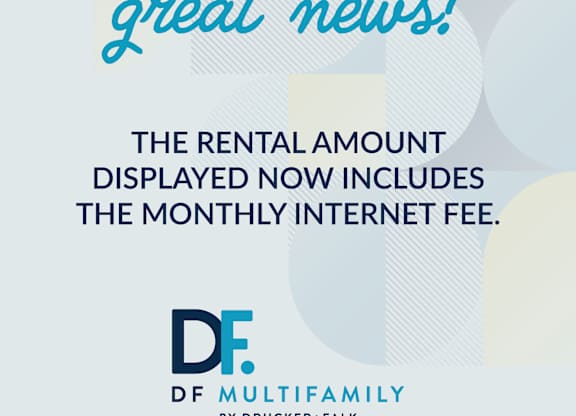 A poster announces that the rental amount now includes the monthly internet fee.