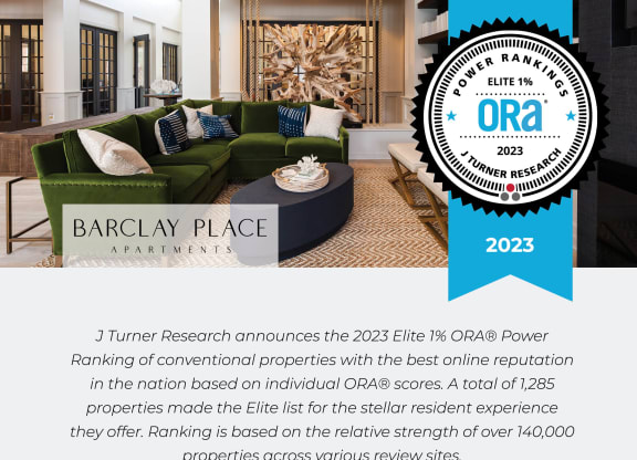 J Turner Research announces the 2023 Elite 1%  ORA Power Ranking of conventional properties with the best online reputation in the nation based on individual ORA scores at Barclay Place Apartments, Wi