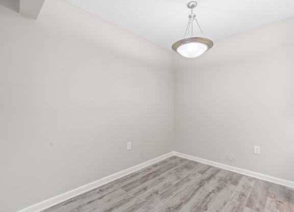 A room with a light hanging from the ceiling and a wooden floor.