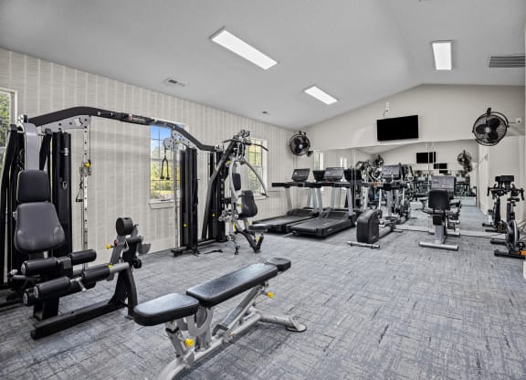 a gym with weights and cardio equipment and a tv