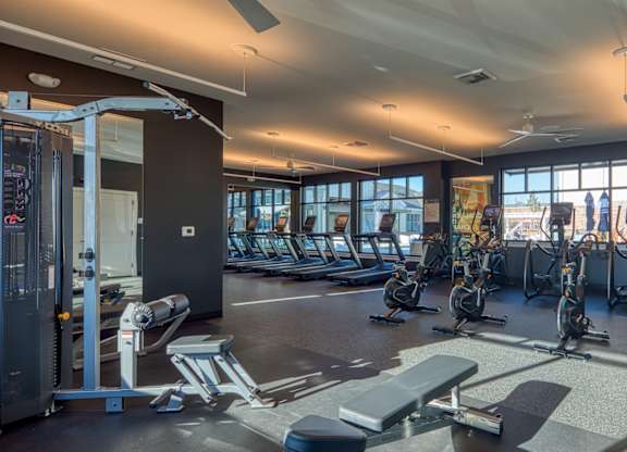 A gym with a variety of equipment including treadmills, weights, and exercise machines.