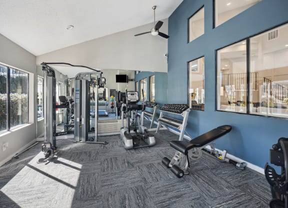 the residence apartments fitness center with exercise equipment and windows