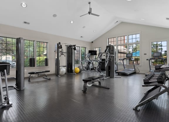 the gym at the district flats apartments in lenexa  at Hayden Lofts, Dublin, OH, 43016