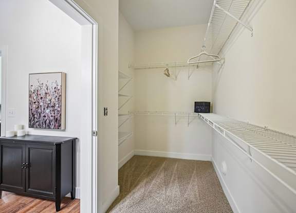 A room with a carpeted floor and a wooden cabinet.