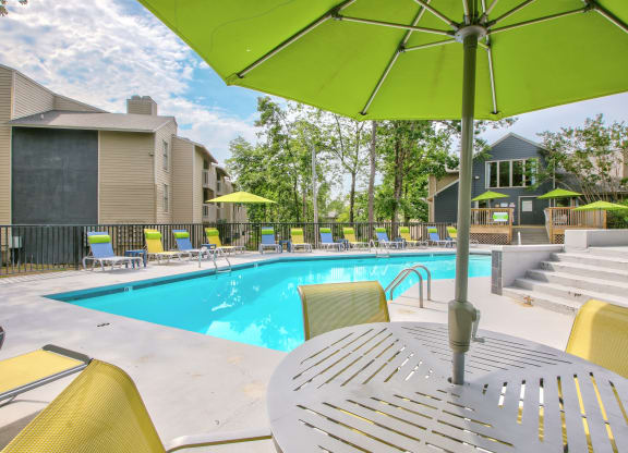 our apartments have a resort style pool with chairs and umbrellas