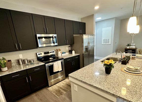 a kitchen with granite counter tops and black cabinets at Barclay Place Apartments, Wilmington, 28412
