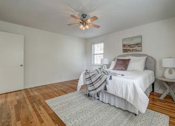 A bedroom with a bed, a ceiling fan, and a rug.