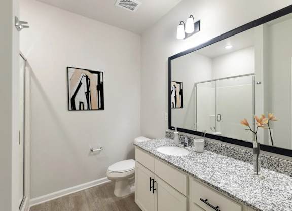 A bathroom with a toilet, sink, and mirror.