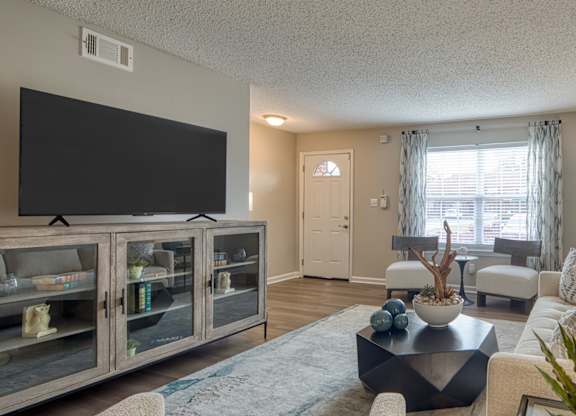 A living room with a television, a couch, and a coffee table.