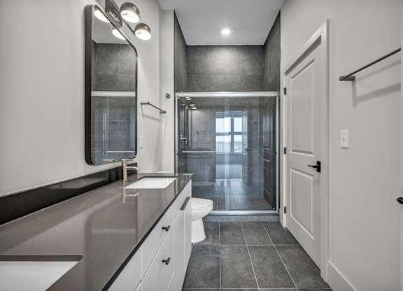 A modern bathroom with a walk-in shower and a toilet.