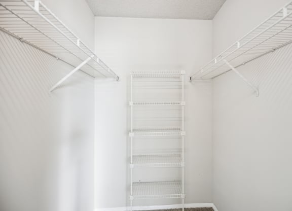 a walk in closet with white walls and white shelves and a ladder on the wall