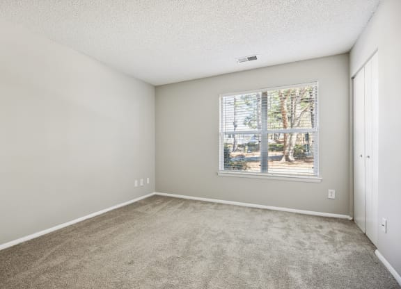 an empty room with carpet and a window
