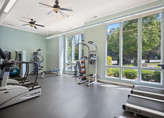 the gym has plenty of exercise equipment and large windows