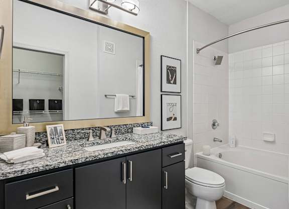 A bathroom with a black counter top and white fixtures.