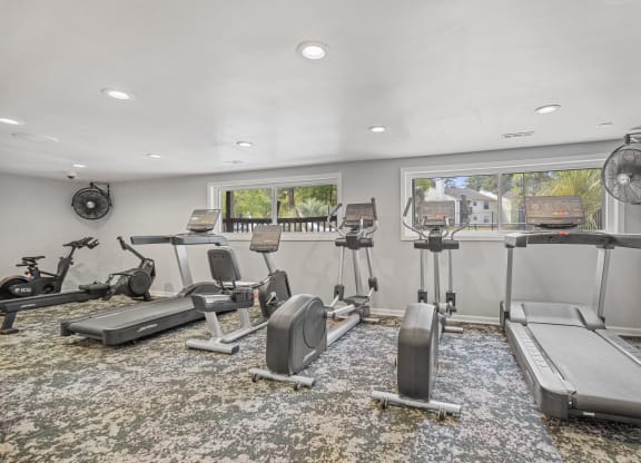 a gym with treadmills and exercise bikes in a room with a window
