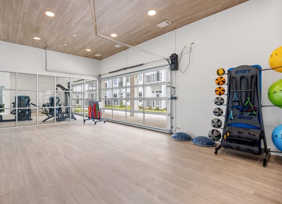 a fitness room with weights and cardio equipment and a glass windowat Oak Grove at Blake Farm, Wilmington, North Carolina