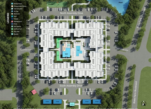 an overhead view of a site plan of a building with many balconies at Oak Grove at Blake Farm, North Carolina