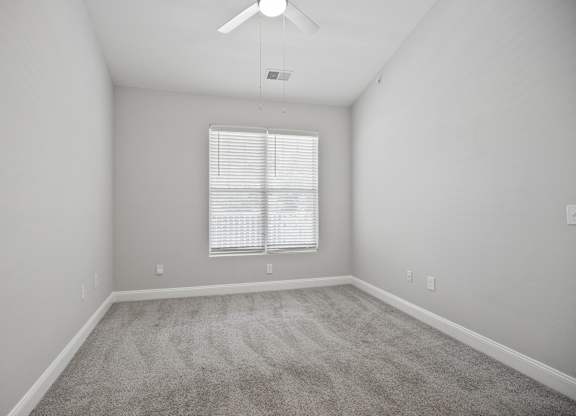 A room with a carpeted floor and a ceiling fan.