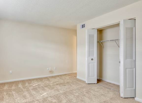A room with a carpeted floor and a closet with white doors.