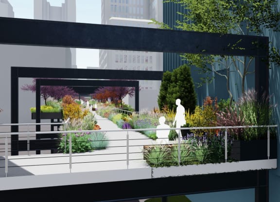 a rendering of a balcony with plants and people walking on itat Preston Centre, Ohio