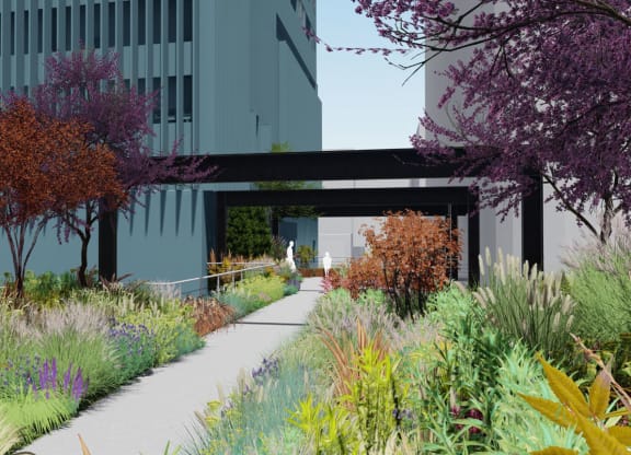 a rendering of a garden with a path and buildings in the backgroundat Preston Centre, Columbus, OH