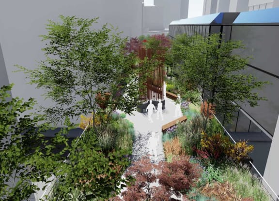 an aerial view of a garden on the top of a buildingat Preston Centre, Ohio
