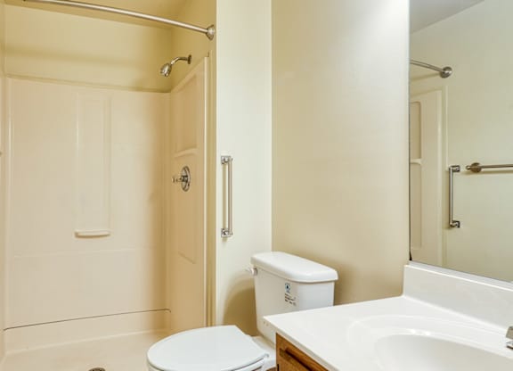 A white toilet sits next to a sink in a bathroom.