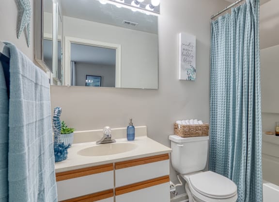 a bathroom with a blue shower curtain and a toilet and sink