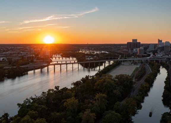 Sunset aerial of Shiplock Views Apartments in Richmond VA