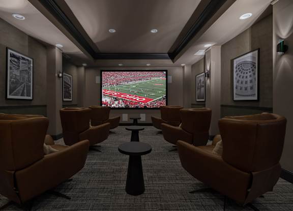 A room with a large screen and multiple chairs at Orleans Apartments, Columbus, 43221