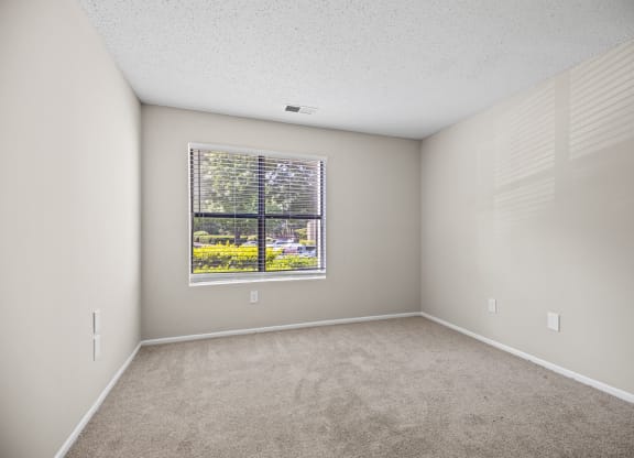 an empty bedroom with a large window and carpeting