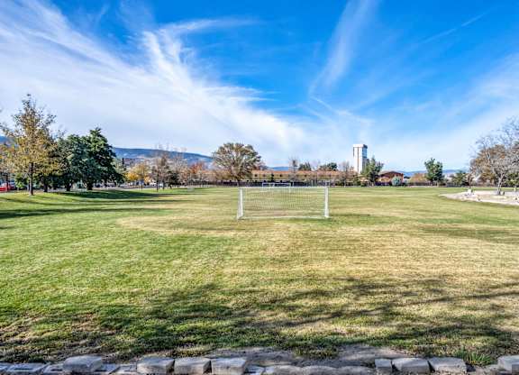 Soccer goal post in grassy field at Peaks at the Park, Reno, NV