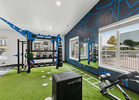 A gym with a blue and black color scheme and various exercise equipment.