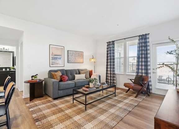 A living room with a grey couch, a coffee table, and a rug.