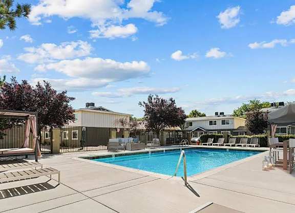 A swimming pool surrounded by a concrete patio and a few trees.