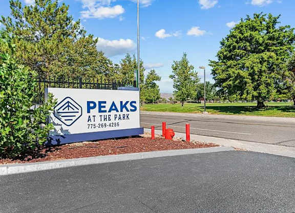 A sign that says Peaks at the Park is in front of a tree.