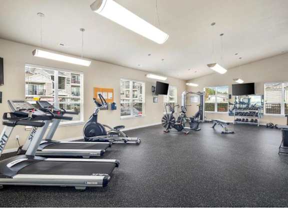 A gym with treadmills, exercise bikes, and other equipment.