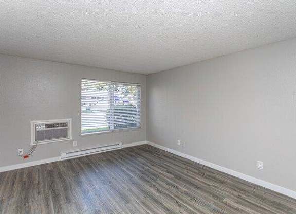 A room with a window and a fireplace.