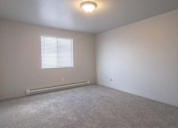 A room with a carpeted floor, a window with blinds, and a ceiling light fixture.