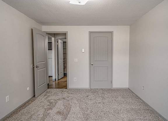 A room with a carpeted floor and two doors.