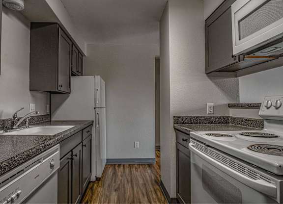 A kitchen with a stove, oven, and refrigerator.