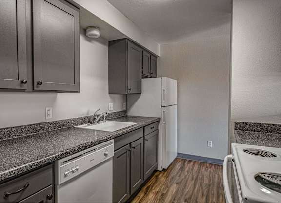 A kitchen with a white dishwasher and a white sink.