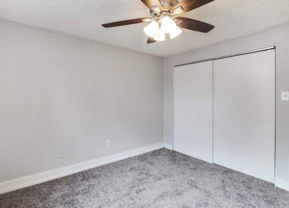 A room with a ceiling fan and carpeted floor.