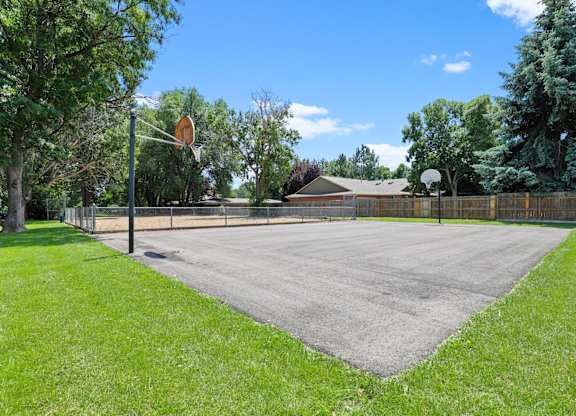 A basketball court surrounded by a fence and trees.