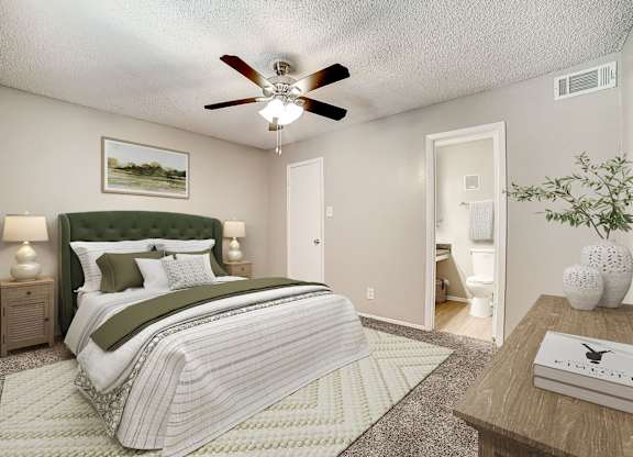 Bedroom with ensuite bathroom at Peaks at Universal City Apartments, Universal City, TX